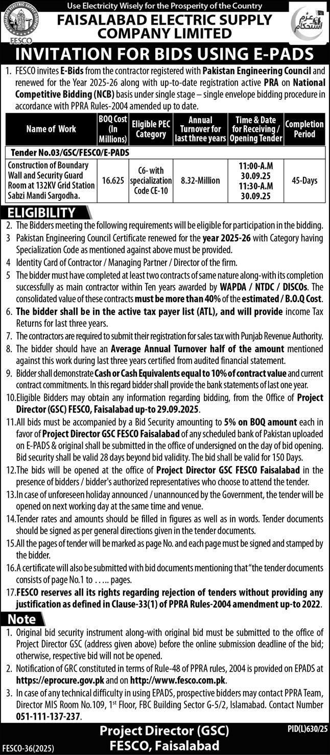 Faisalabad Electric Supply Company Limited Tender Notice